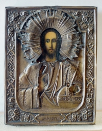 Russian Icon - Christ Pantocrator in brass oklad cover