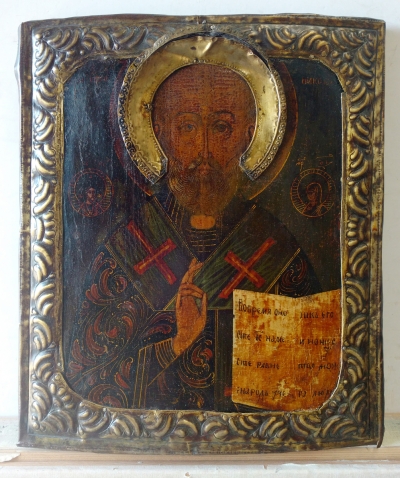 Russian Icon - St. Nicholas of Myra in brass oklad cover