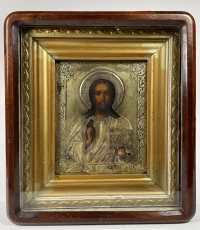 Russian Icon - Christ Pantocrator in brass oklad cover &amp; kiot frame