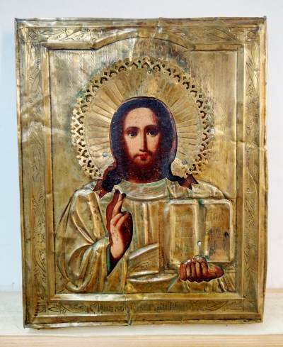 Russian Icon - Christ Pantocrator in brass oklad