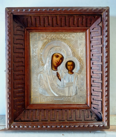 Russian Icon - Our Lady of Kazan in silver revetment cover and original frame