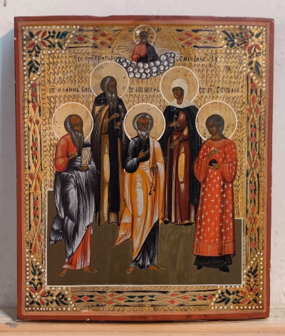 Russian Icon - 5 Orthodox Saints: St John the Theologian, St. Ven. Gregory, St. Peter the Apostle, St. Paraskevi Martyress, St. Stephen the Protomartyr