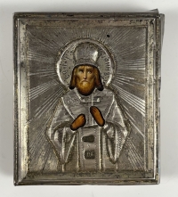 Small Russian icon - St. John the Chrysostom in silver revetment cover