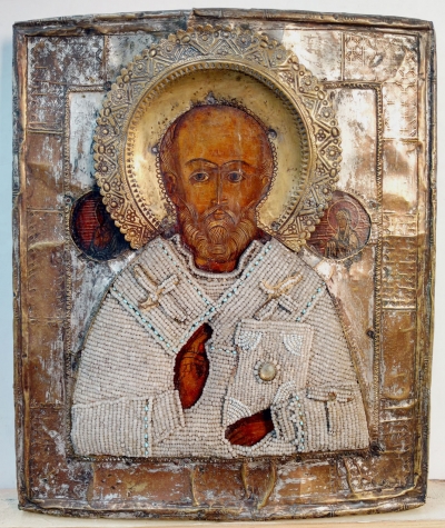 Russian icon - St. Nicholas the Wonderworker of Myra in brass oklad and beaded shirt