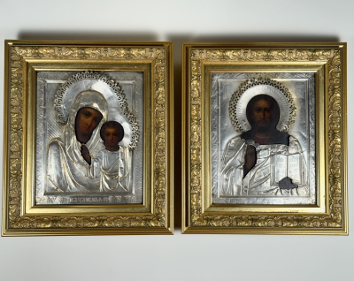 Russian Icons - Wedding pair of Our Lady of Kazan &amp; Christ Pantocrator in silver covers