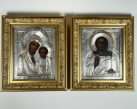 Russian Icons - Wedding pair of Our Lady of Kazan &amp; Christ Pantocrator in silver covers