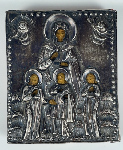 Small Russian Icon - St. Martyr Sophia and Her Daughters Faith, Hope &amp; Love in silver cover