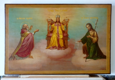 Russian icon - Christ Enthroned with St Nicholas &amp; St John the Baptist