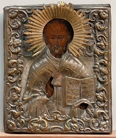 Russian Icon - Saint Nicholas the Wonderworker of Myra in brass revetment cover