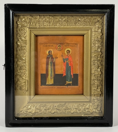 Russian Icon - 2 Saints: St. Venerable Niphon (Nifont) of Mt. Athos &amp; St. Boniface Martyr in kiot shadowbox frame