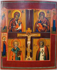 Russian four-part Icon with Crucifixion depicting Sooth My Sorrow Mother of God, Our Lady of Vladimir, Saint Nicholas, and Saint Seraphim of Sarovsk