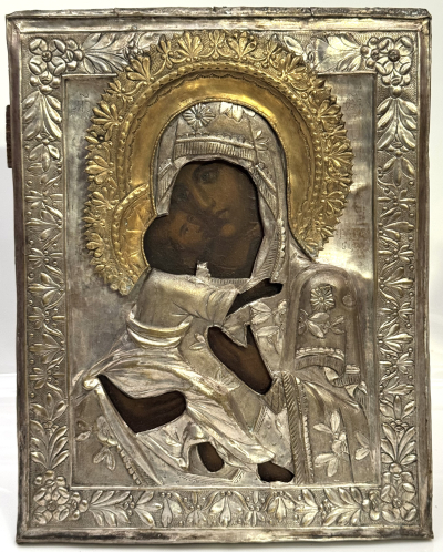 Russian Icon - Our Lady of Vladimir in brass revetment cover