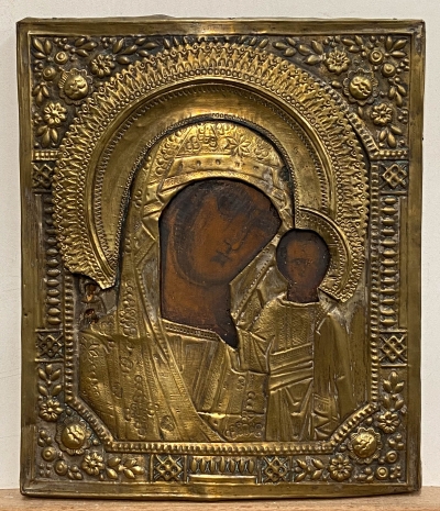 Russian Icon - Our Lady of Kazan in brass revetment cover