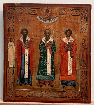 Russian Icon - Three Orthodox Hierarchs with border saints