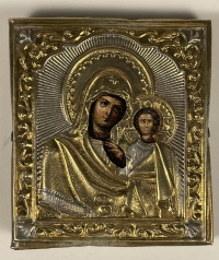 Small Russian Icon - Our Lady of Kazan in gilt silver cover