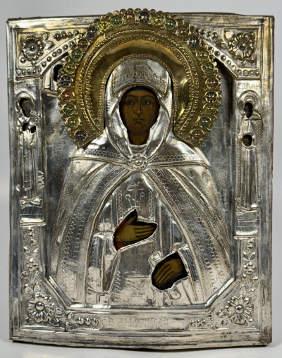 Russian Icon - Saint Martyress Anastasia the Healer in brass revetment cover with two border saints