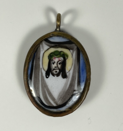 Small Russian Finift porcelain pendant icon of the Holy Mandylion &amp; the Guardian Angel