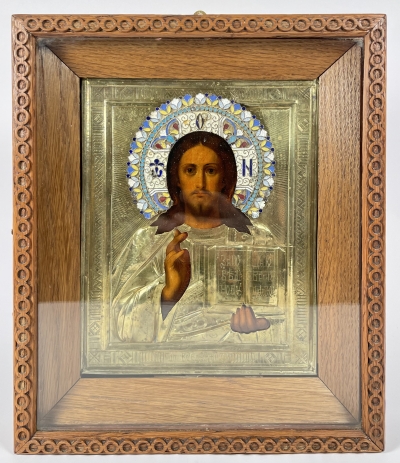 Russian Icon - Christ Pantocrator in silver revetment cover &amp; kiot frame