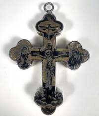 1840 Russian Orthodox reliquary pectoral cross with relics of St. Demetrius of Thessaloniki, the Great-Martyr, St. Peter Metropolitan of Moscow, St. Martyr Procopius &amp; St. Ephraim of Novy Torg