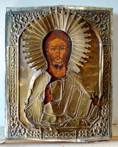 Russian Icon - Christ Pantocrator in brass oklad cover