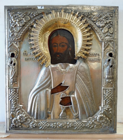 Russian Icon - St Seraphim of Sarov in brass oklad with Border Saints