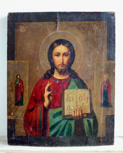 Russian Icon - Christ Pantocrator with 2 border saints