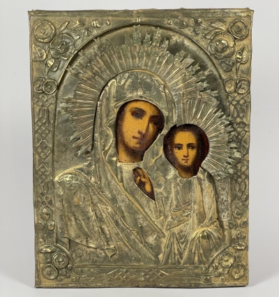 Russian Icon - Our Lady of Kazan in brass oklad