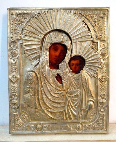 Russian Icon - Our Lady of Kazan in brass oklad