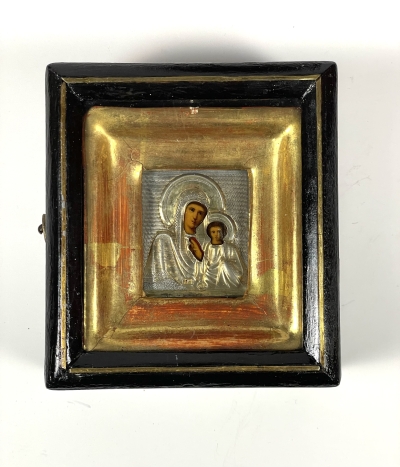 Small Russian Icon - Our Lady of Kazan in silver revetment cover and kiot shadowbox frame