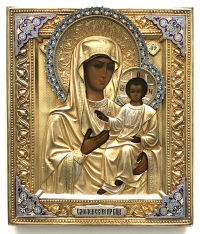 Russian Icon - Our Lady of Smolensk in silver and enamel oklad revetment cover