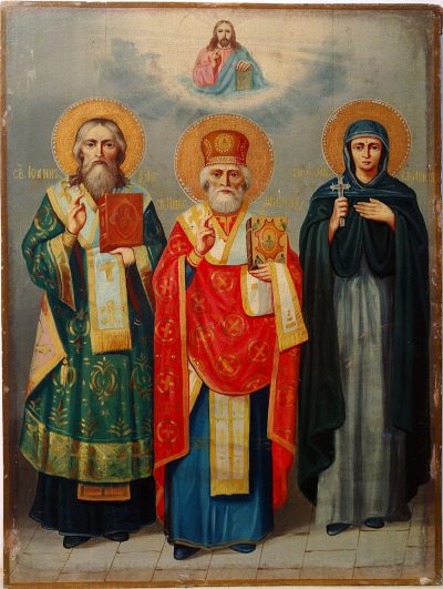 Russian icon depicting three Orthodox Saints: Saint John the Chrysostom, Saint Nicholas, and Saint Eudokia