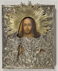 1844 Russian Icon - Christ Pantocrator in silver revetment cover