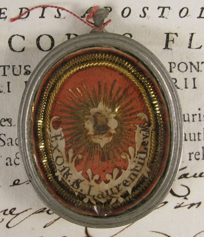 Documented theca with relics of St Lawrence (Laurence) Deacon of Rome, Martyr