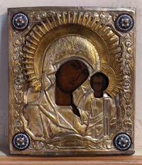Russian Icon - Our Lady of Kazan in brass revetment cover