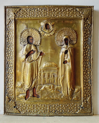 Russian Icon - St John the Baptist &amp; St Paraskeva the Friday in brass revetment cover