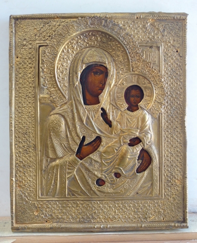 Russian Icon - Our Lady of Smolensk in brass oklad