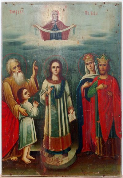 Russian Icon - Porkov - The Protecting Veil of the Most Holy Mother of God with Romanos the Melodist and Andrew the Fool