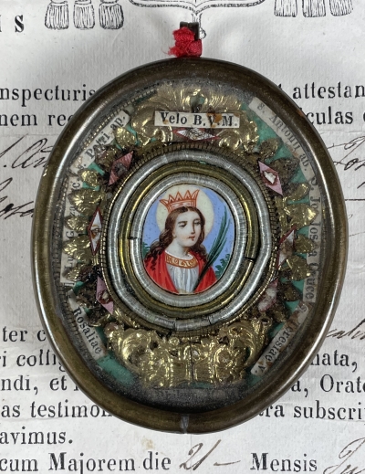 1865 Documented reliquary theca with relics of the Blessed Virgin Mary &amp; 7 Saints: St. Anthony the Great, St. John Joseph of the Cross, St. Theresa of Avila, St. Philomena, St. Rosalia, St. Aloysius Gonzaga &amp; St. Peter, Apost