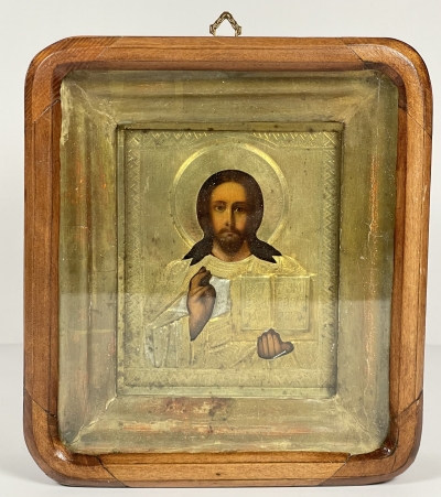 Russian Icon - Christ Pantocrator in metal revetment cover &amp; glass-fronted shadowbox kiot frame