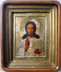 Russian Icon - Christ Pantocrator in brass oklad and kiot shadowbox frame