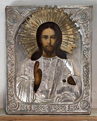 Russian Icon - Christ Pantorcrator in brass revetment cover