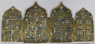 Russian 4-Panel Folding Skladen Travel Icon of The Twelve Principal Feasts and Miracle-working Madonnas