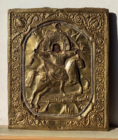 Russian Icon - Saint Michael the Archangel, Chief Commander of the Heavenly Host in brass revetment cover