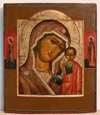 Russian icon - Our Lady of Kazan with two border saints