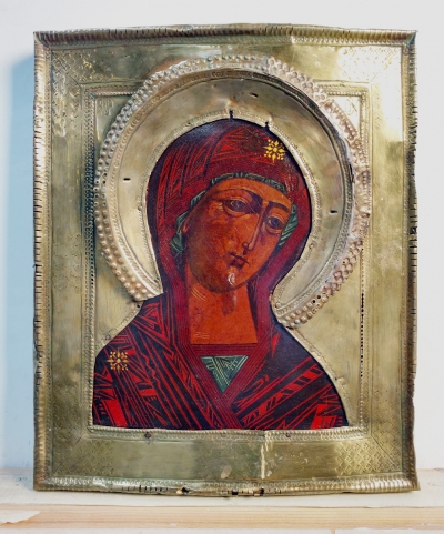 Russian icon - The Virgin Mary from the Deisus Row in brass oklad