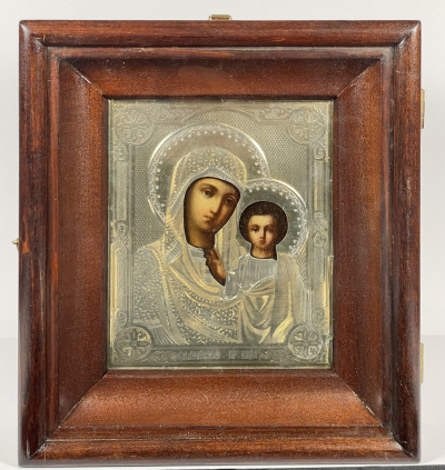Russian Icon - Our Lady of Kazan in silver revetment cover &amp; glass-fronted shadowbox kiot frame