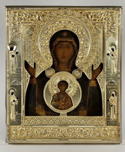 Fine 17c. Russian Icon - Our Lady of the Sign in gilt silver revetment cover