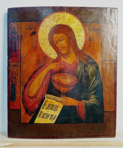 Russian Icon - St. John the Baptist from the Deisis row with 2 border Saints