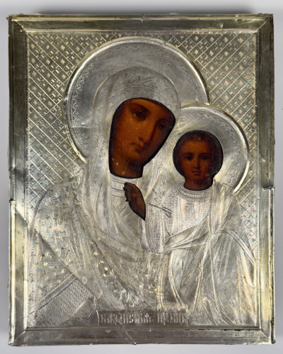 Russian Icon - Our Lady of Kazan in silver revetment cover