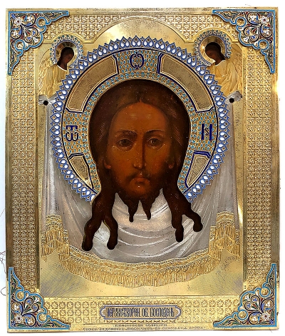 Fine Russian Icon - the Holy Mandylion in silver and enamel oklad revetment cover
